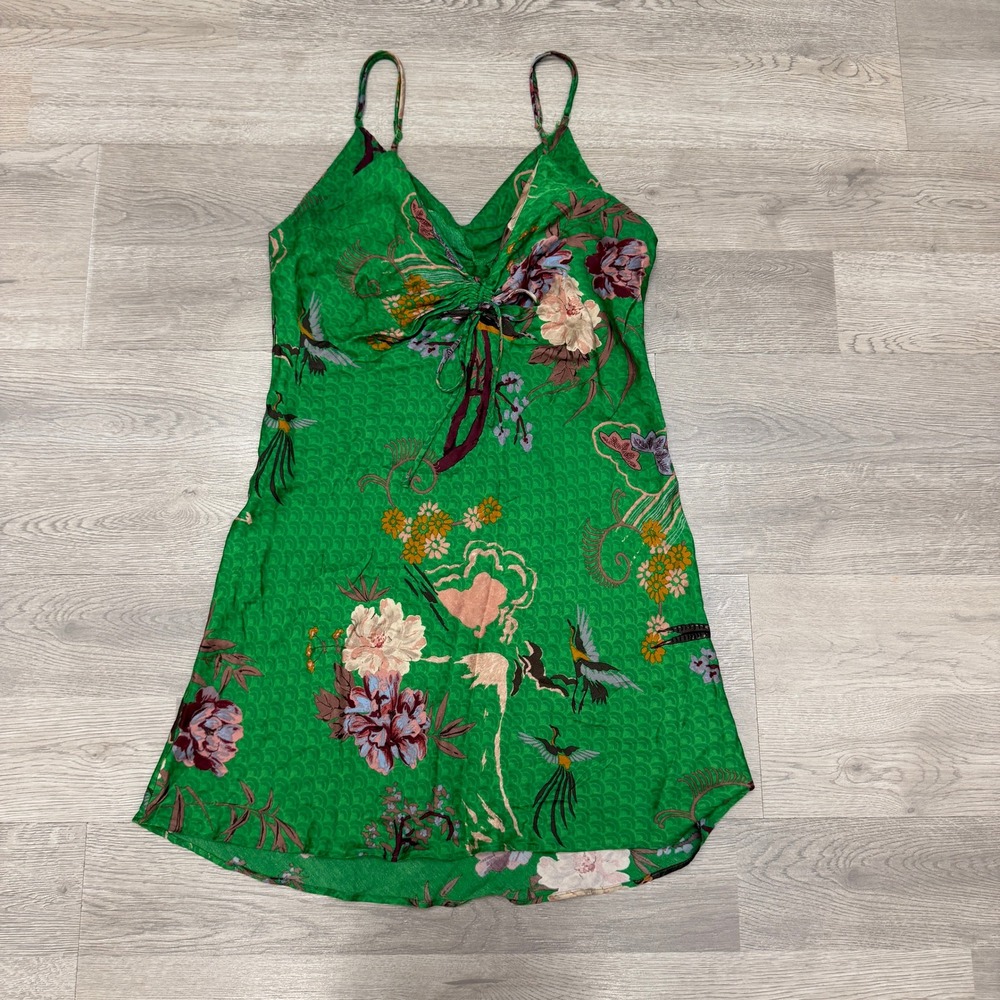 Zara Green Bird Floral Satin Slip Dress XS Ruched Tie Front Adjustable Straps